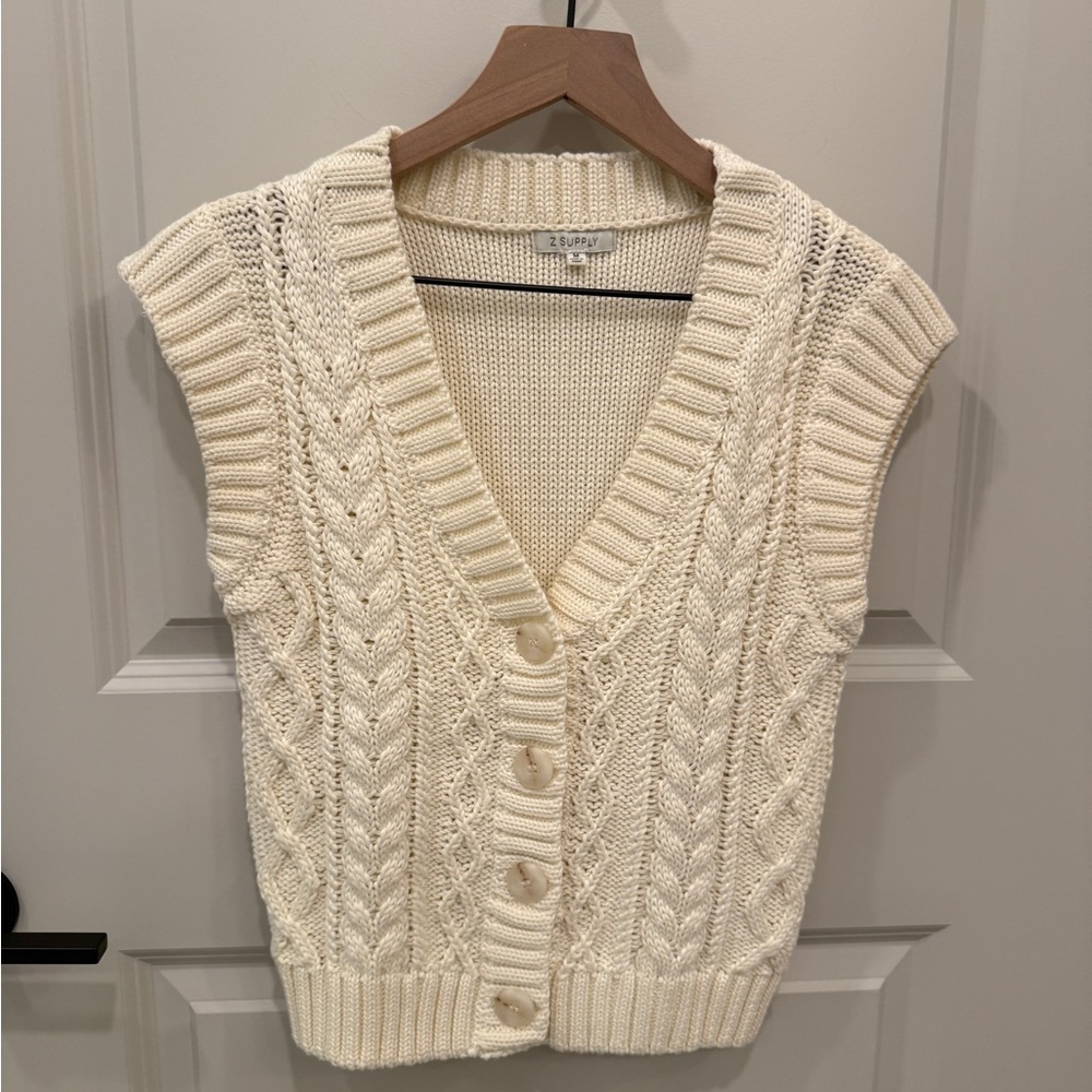 Z Supply Ivory Cable-Knit V-Neck Button Front Sweater Vest